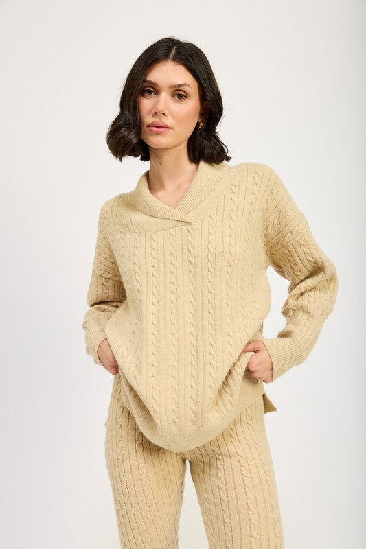 Emory Park Cable Knit Collared Sweater Top us.meeeshop - Shirts & Tops