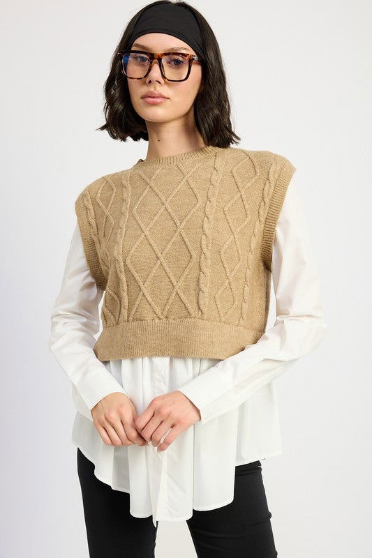 Emory Park Cable Two Fer Sweater Top us.meeeshop - Shirts & Tops