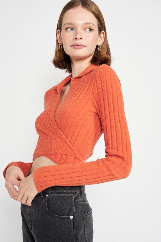 Emory Park | Collared Long Sleeve Crop Top us.meeeshop - 