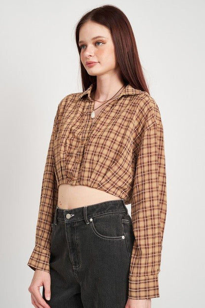 Emory Park | Cropped Button Up Shirt With Elastic Waistband us.meeeshop - 