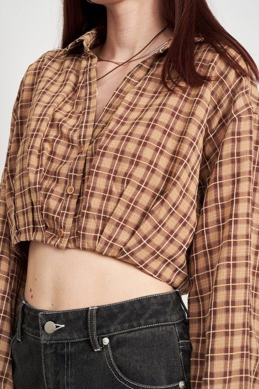 Emory Park | Cropped Button Up Shirt With Elastic Waistband us.meeeshop - 