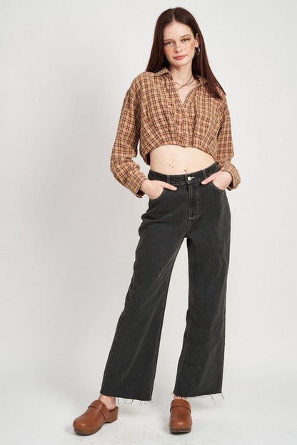 Emory Park | Cropped Button Up Shirt With Elastic Waistband us.meeeshop - 