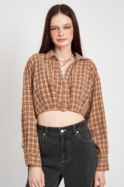 Emory Park | Cropped Button Up Shirt With Elastic Waistband us.meeeshop - Shirts & Tops