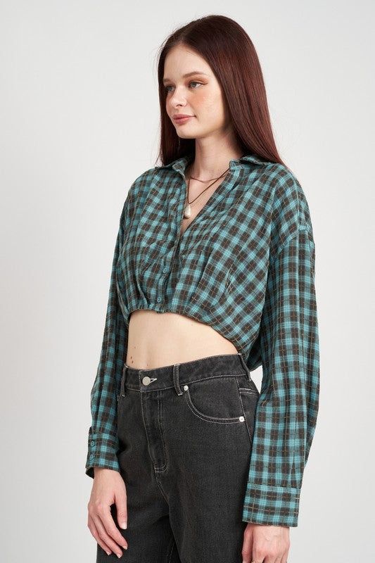 Emory Park | Cropped Button Up Shirt With Elastic Waistband us.meeeshop - 