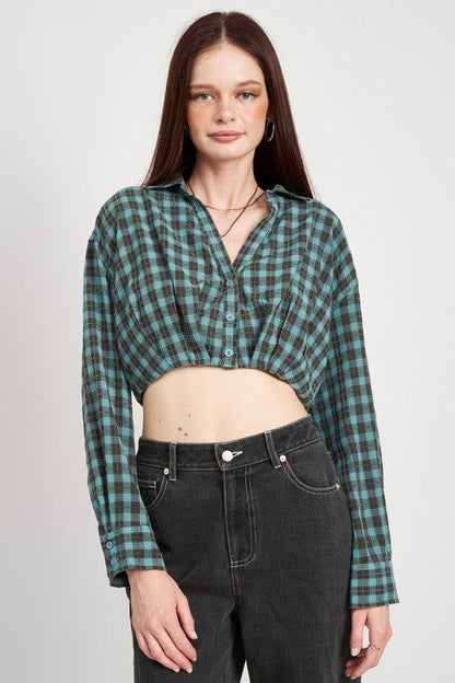 Emory Park | Cropped Button Up Shirt With Elastic Waistband us.meeeshop - 