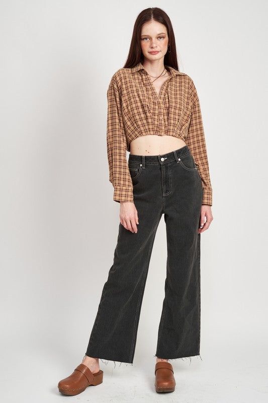 Emory Park | Cropped Button Up Shirt With Elastic Waistband us.meeeshop - 