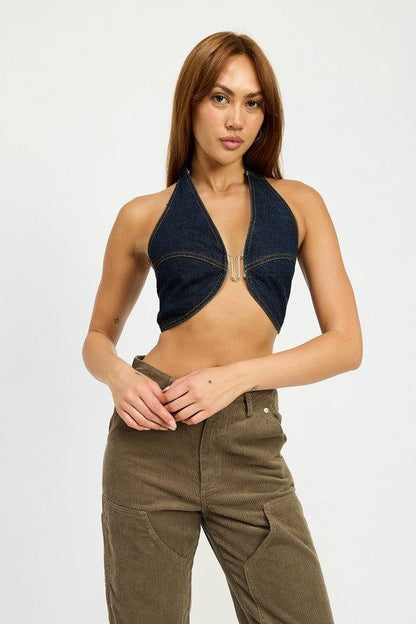 Emory Park Cropped Halter Denim Top us.meeeshop - 