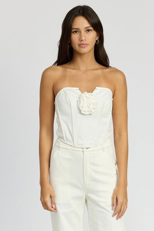 Emory Park Denim Corset Top With Rosette Detail us.meeeshop - Shirts & Tops