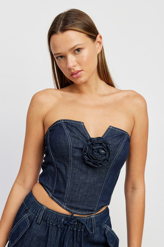 Emory Park Denim Corset Tube Top With Rosette Detail | us.meeeshop