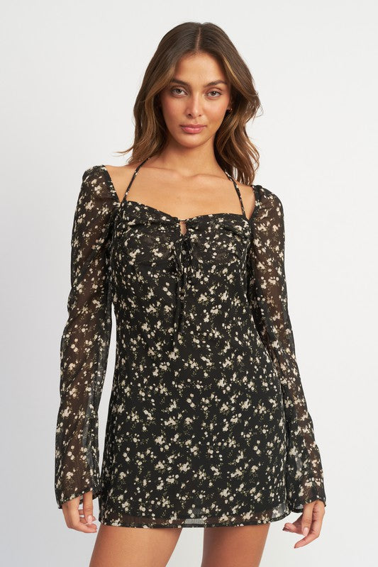 Emory Park Floral Long Sleeve Dress With Halter Detail | us.meeeshop