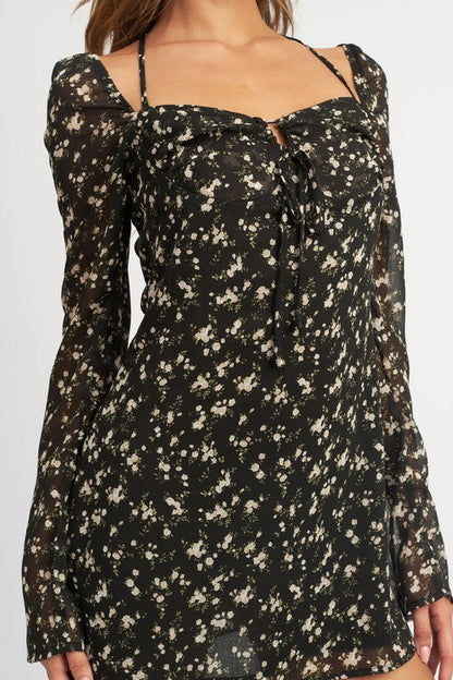 Emory Park Floral Long Sleeve Dress With Halter Detail | us.meeeshop