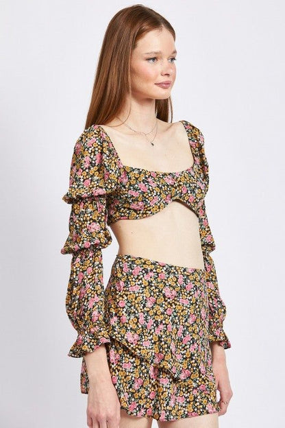 Emory Park | Floral Print Puff Sleeve Crop Top us.meeeshop - 