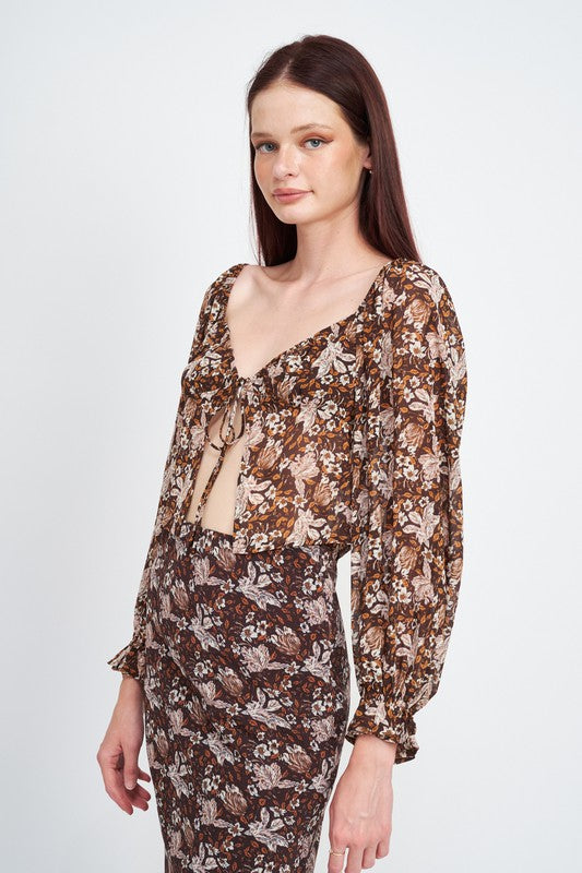 Emory Park | Floral Sheer Top With Front Tie | us.meeeshop