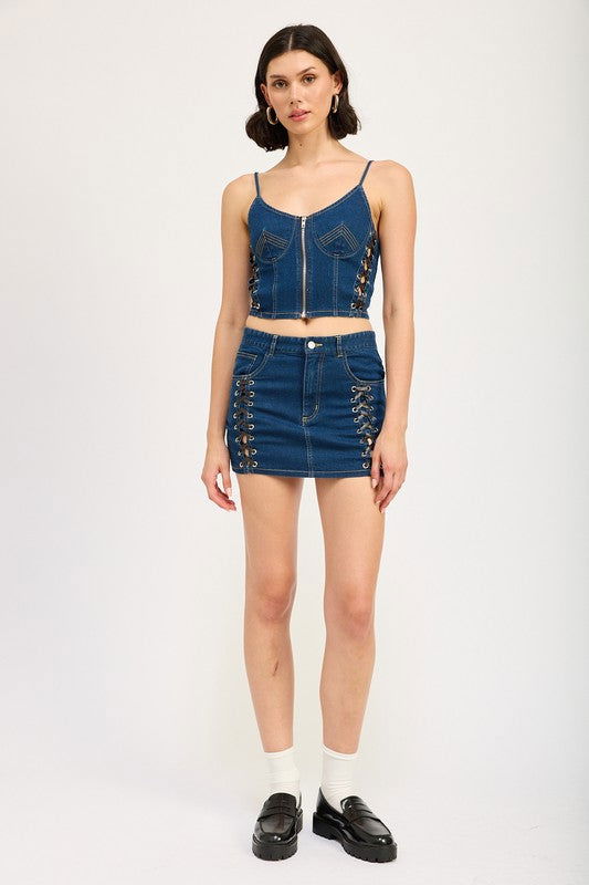 Emory Park Lace Up Mini Denim Skirt us.meeeshop - 