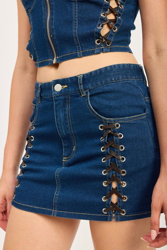 Emory Park Lace Up Mini Denim Skirt us.meeeshop - 