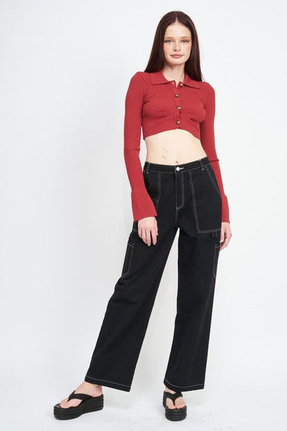 Emory Park | Long Sleeve Button Up Crop Top us.meeeshop - 