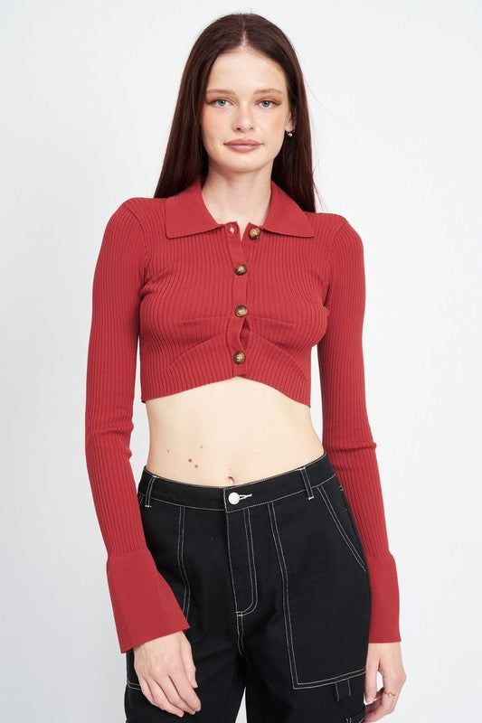 Emory Park | Long Sleeve Button Up Crop Top us.meeeshop - 