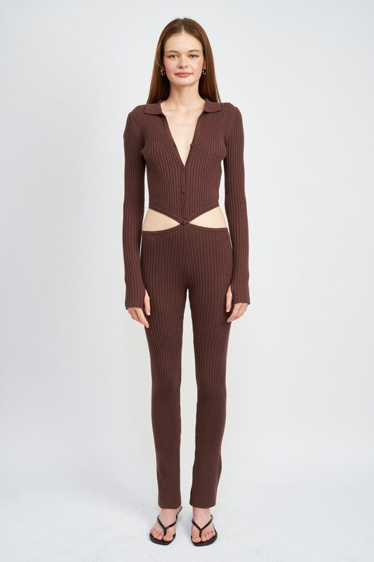 Emory Park | Long Sleeve Button Up Jumpsuit With Side Cut Outs | us.meeeshop
