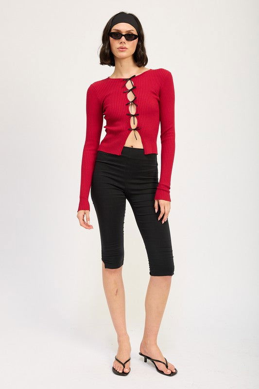 Emory Park Long Sleeve Ribbed Top With Bow Detail us.meeeshop - 