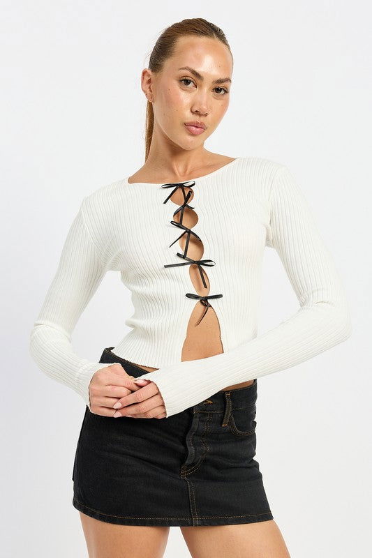 Emory Park Long Sleeve Ribbed Top With Bow Detail us.meeeshop - 