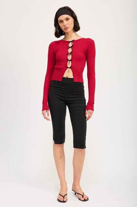 Emory Park Long Sleeve Ribbed Top With Bow Detail us.meeeshop - 