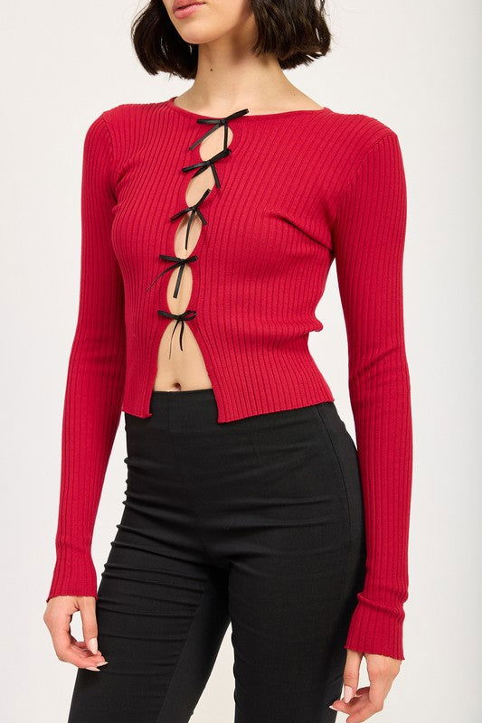 Emory Park Long Sleeve Ribbed Top With Bow Detail us.meeeshop - 