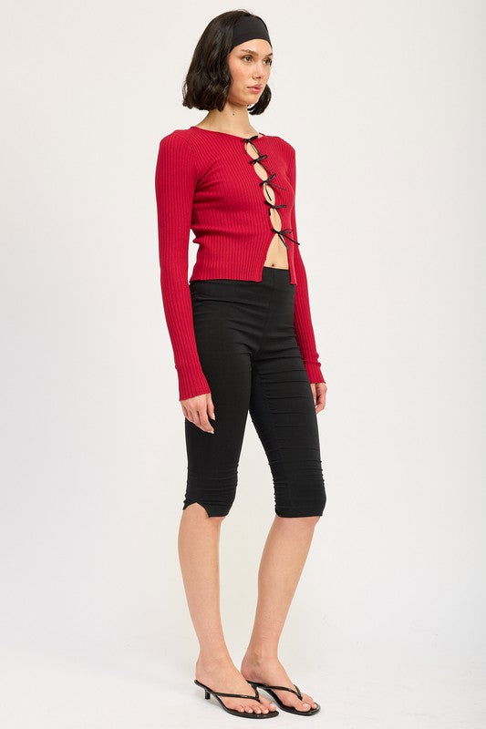 Emory Park Long Sleeve Ribbed Top With Bow Detail us.meeeshop - 