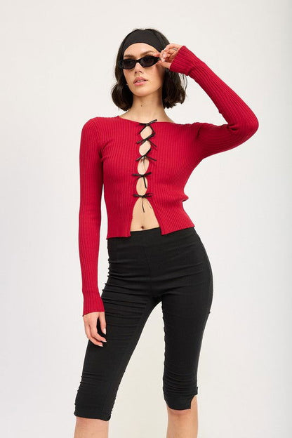 Emory Park Long Sleeve Ribbed Top With Bow Detail us.meeeshop - 