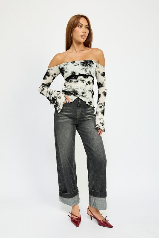 Emory Park Off Shoulder Top Wtih Lettuce Hem us.meeeshop - 