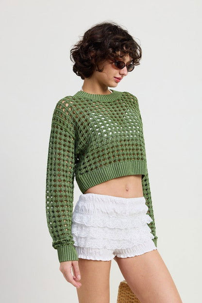 Emory Park Round Neck Knitted Crop Sweater Top us.meeeshop - 