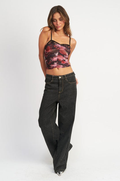 Emory Park Ruched Crop Top With Lace Detail | us.meeeshop