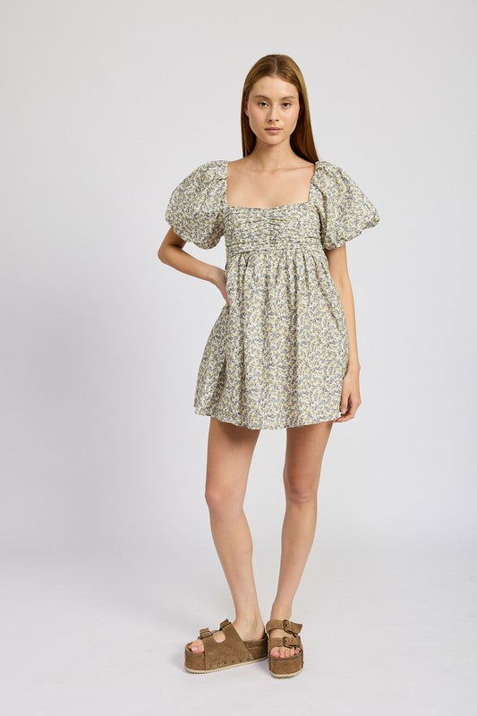 Emory Park Squared Neck Ruched Mini Dress Wtih Puff Sleeves us.meeeshop - 