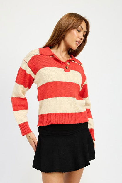 Emory Park Striped Collared Sweater Top us.meeeshop - 