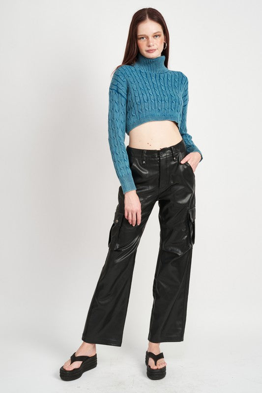 Emory Park | Turtle Neck Cable Knit Crop Top | us.meeeshop