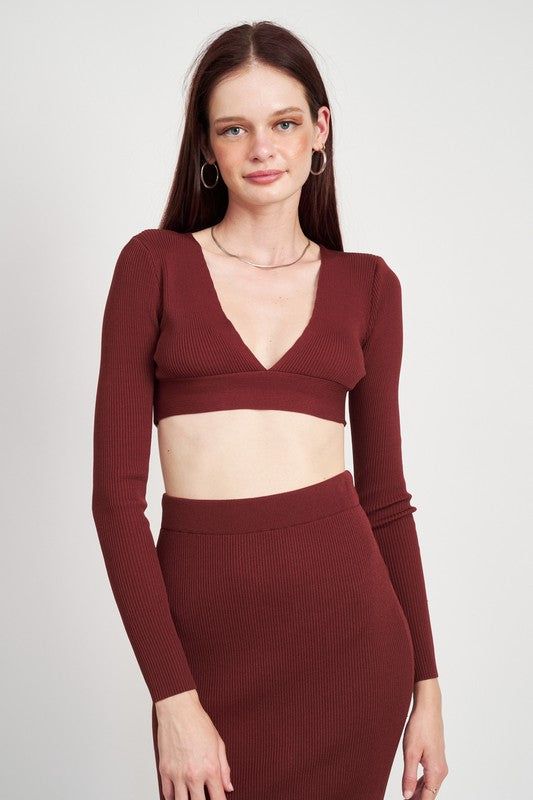 Emory Park | V Neck Cropped Sweater Top us.meeeshop - Shirts & Tops