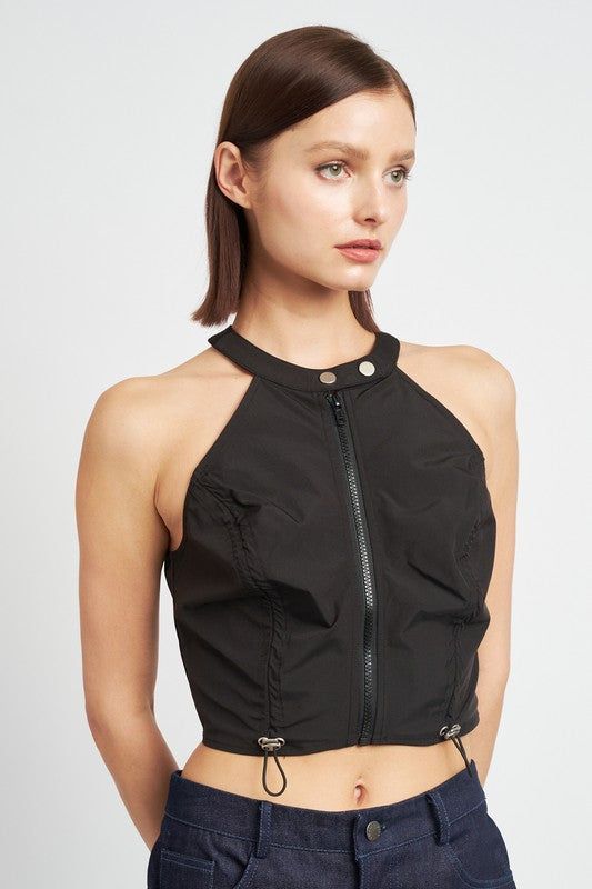 Emory Park Zip Front Halter Neck Cropped Top us.meeeshop - 