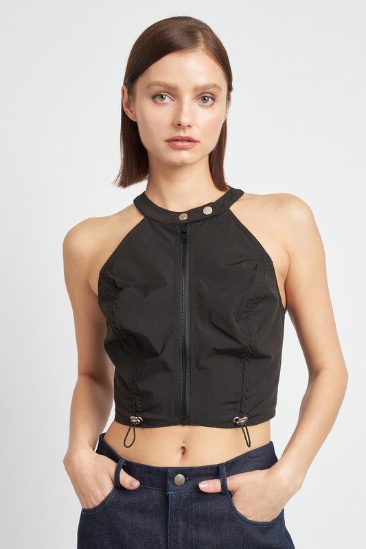 Emory Park Zip Front Halter Neck Cropped Top us.meeeshop - Shirts & Tops