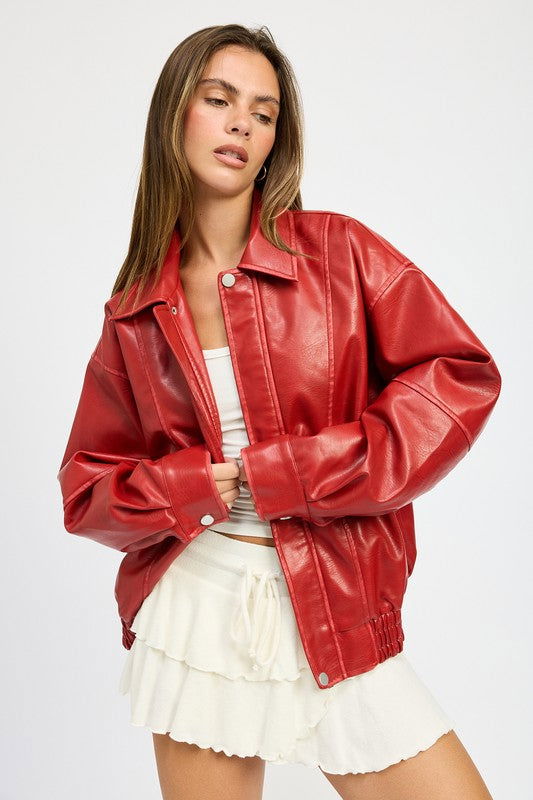 Emory Park Vintage Oversized Pu Bomber Jacket - us.meeeshop