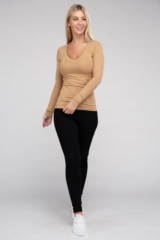 Essential V-Neck Long Sleeve T-Shirt us.meeeshop - 