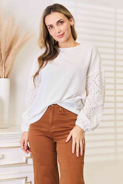 Eyelet Dropped Shoulder Round Neck Blouse us.meeeshop - 