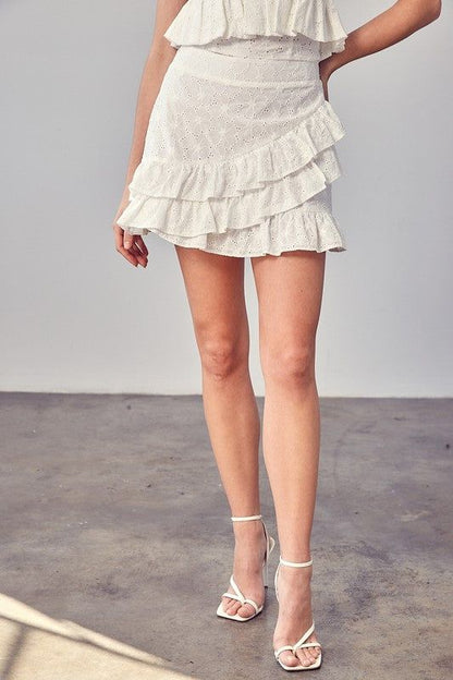 Eyelet Ruffle Skirt In White us.meeeshop - 