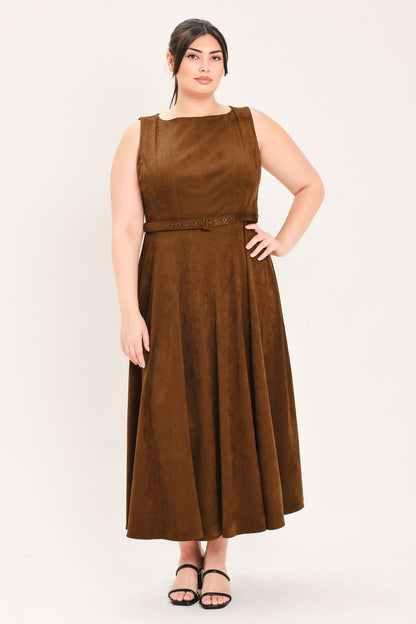 AMBER TOBACCO FAUX SUEDE MIDI DRESS