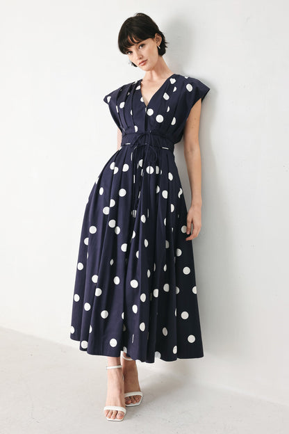blue moon dot Blue Moon Dot Woven Midi Dress NAVY (dress) - shop at us.meeeshop