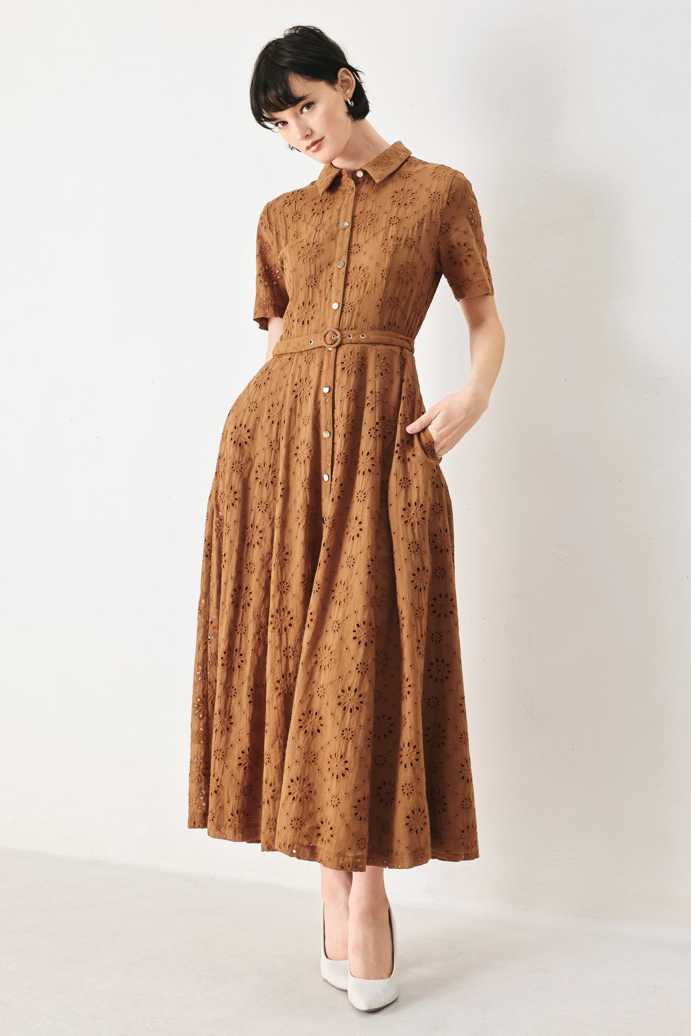 timeless love woven Timeless Love Woven Eyelet Midi Dress CAMEL (dress) - shop at us.meeeshop