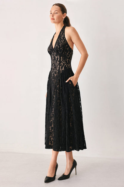 MIDNIGHT GARDEN HALTER WOVEN LACE MIDI DRESS