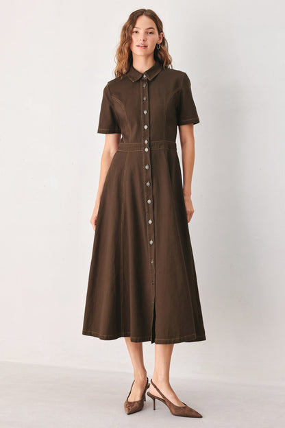 BARK BROWN VINTAGE WOVEN MIDI DRESS