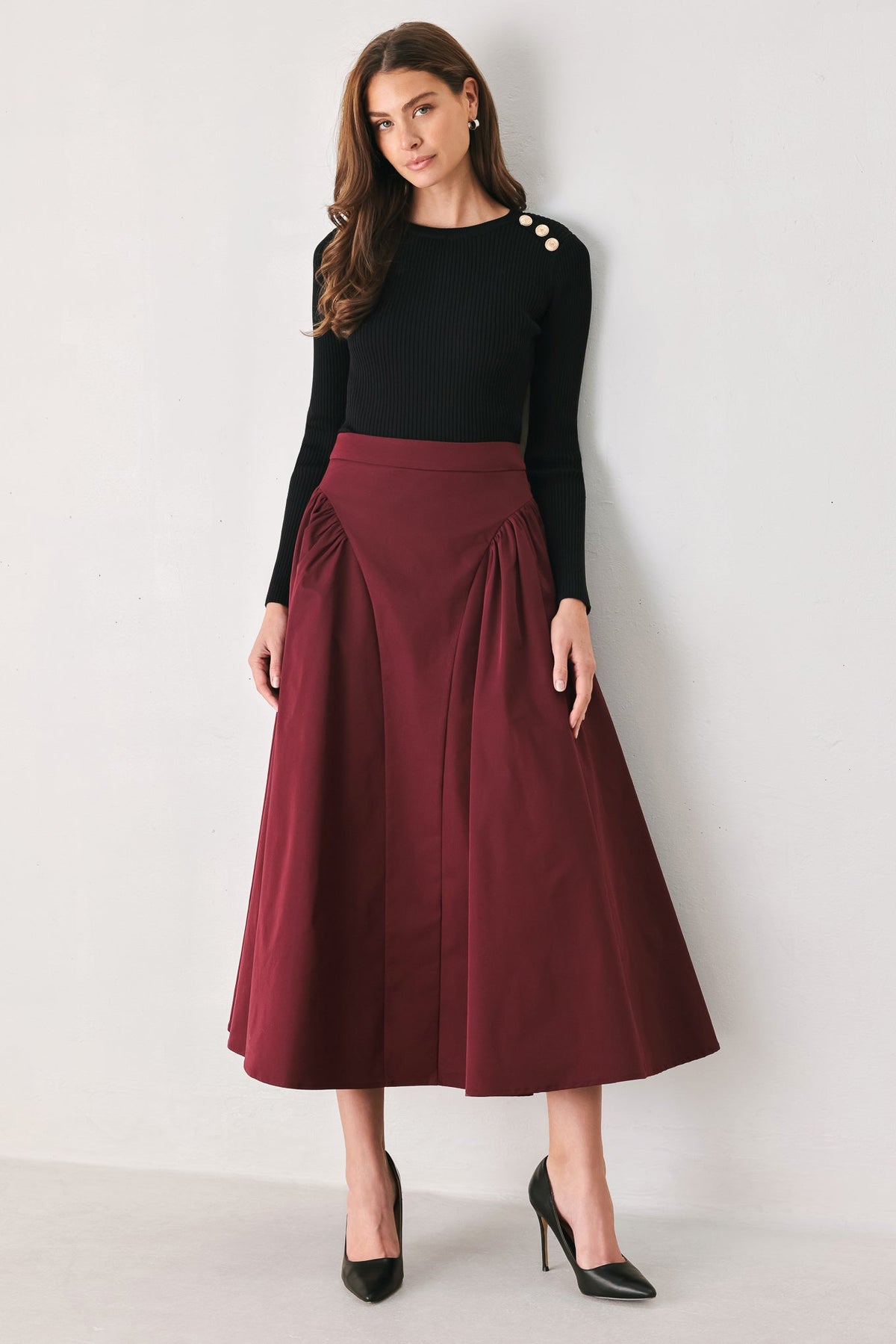 SCULPTED NOIR SHIRRED MIDI SKIRT