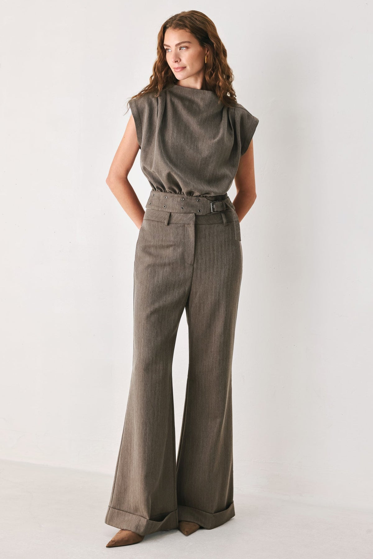 TAILORED TEMPO BROWN CUFFED FLARE PANTS