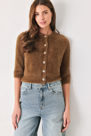CAMEL CLASSIC CAMEL/OFF WHITE ELBOW-SLEEVE CARDIGAN