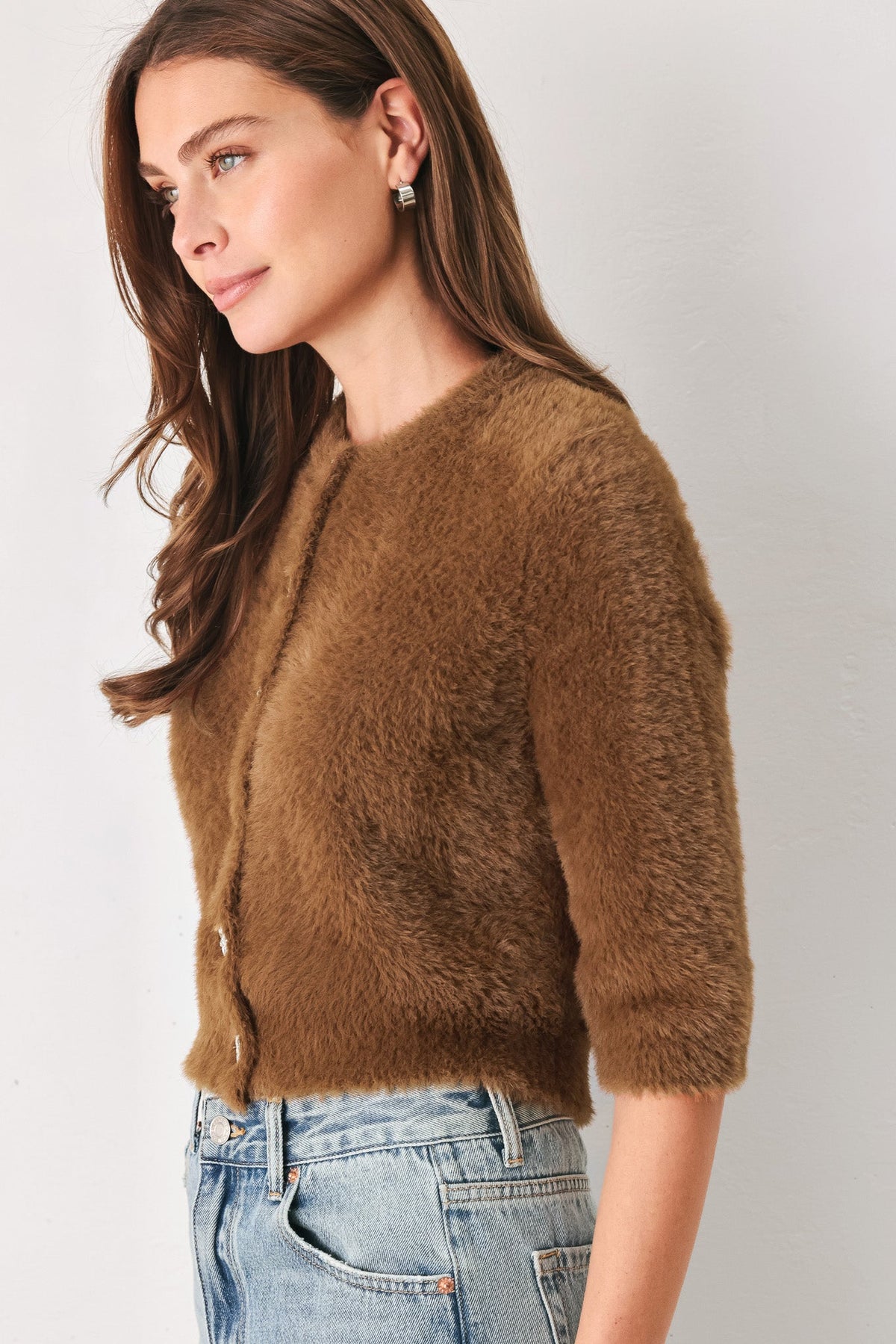 CAMEL CLASSIC CAMEL/OFF WHITE ELBOW-SLEEVE CARDIGAN